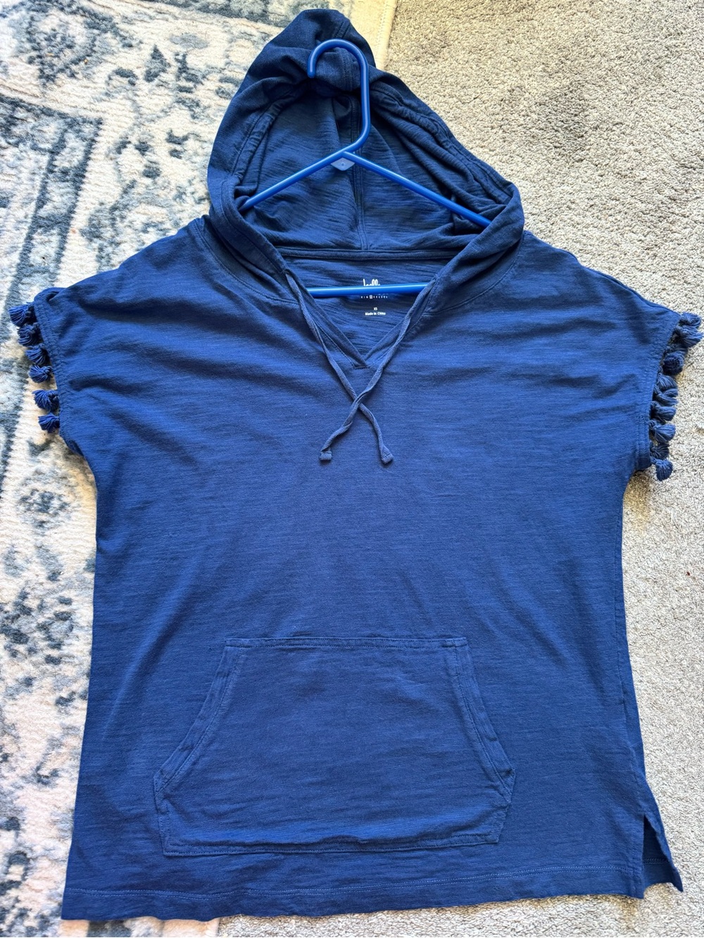 Belle Beach by Kim Gravel Slub Knit Hoodie Tassel Trim Nautical Blue XS